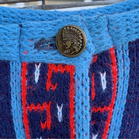 Vintage Sturbridge Tribal Aztec Knit Sweater Poncho Boho Blue Red Indian Buttons - Picture 5 of 10